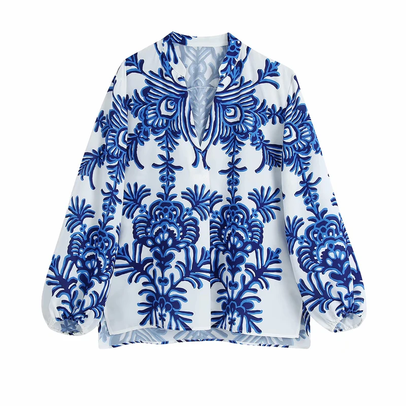 

Spring and Autumn Women's Casual Printed V-neck Long Sleeve Shirt