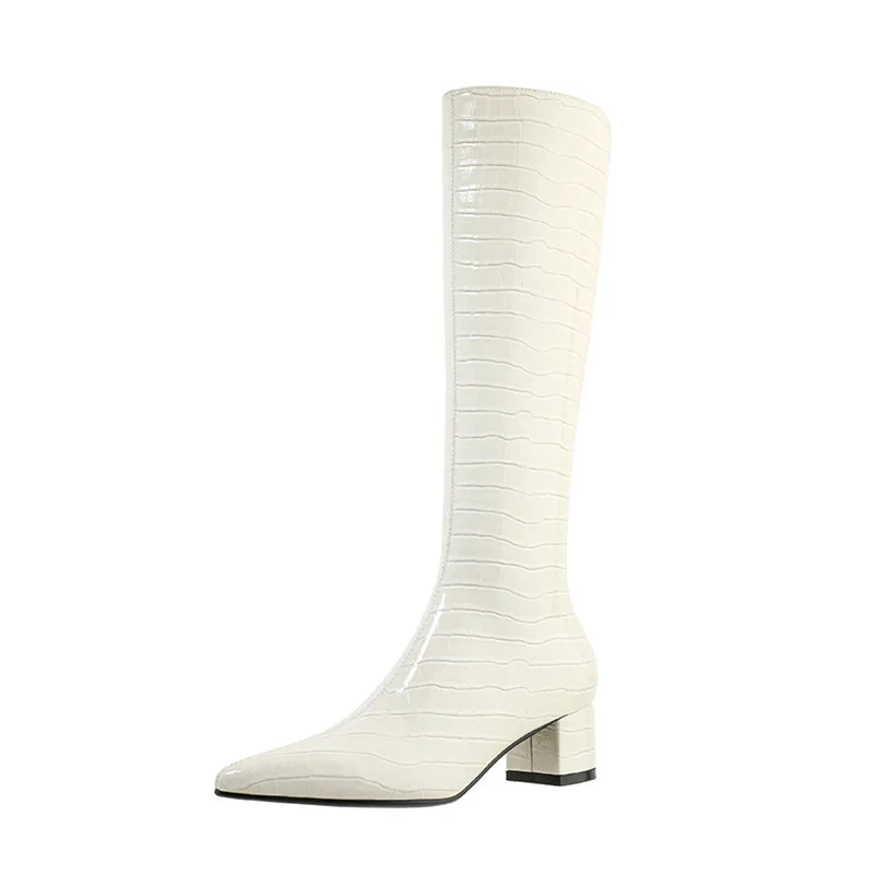 

FOREADA Pointed Toe Knee High Boots Med Heel Woman Boots Chunky Heel Shoes Zipper Ladies Long Boots Autumn Winter Beige Black