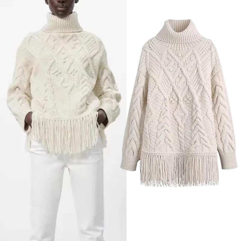 

Za Autumn winter sweater women turtleneck sweater pullover 2021 new fashion elegant tassel thickening warm women Sweater
