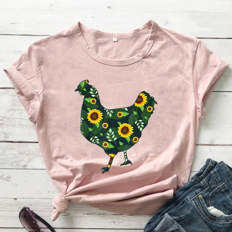 Забавная футболка с изображением курицы подсолнуха Женская куриная рубашка для
