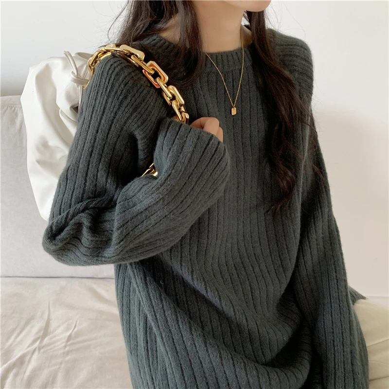 

2022 Women's Sweater Knitted Cotton Solid Straight Long Sleeve Ladies Tops O-neck Long Sweaters Basic Pull Over Sweater Women OL
