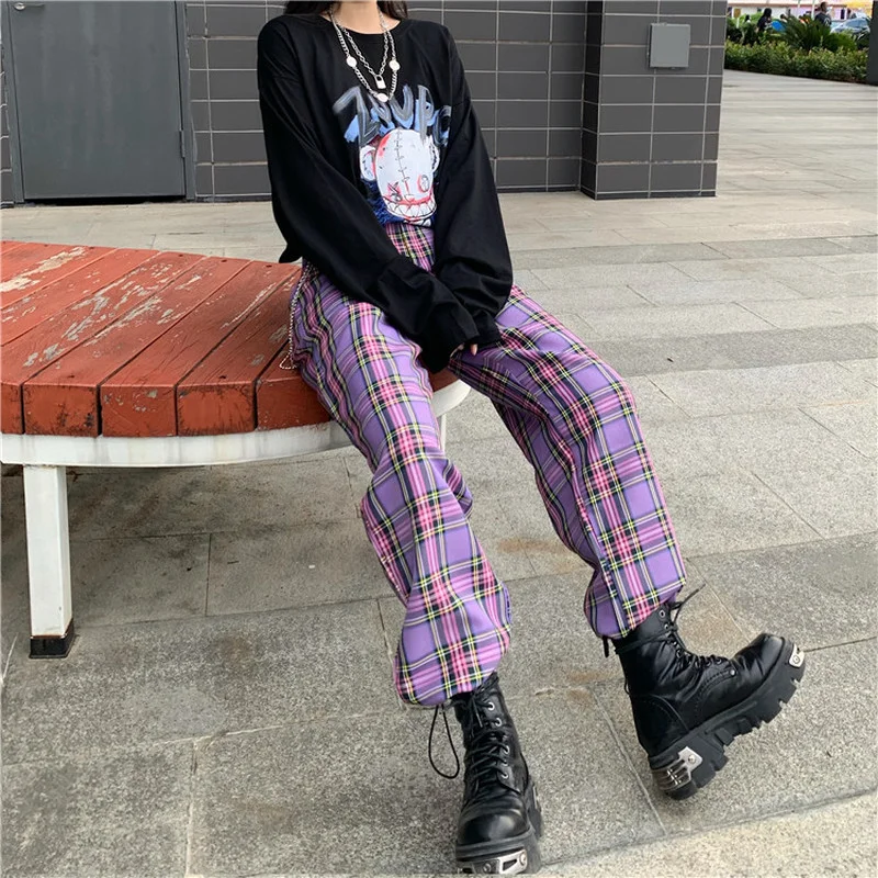 

women Gothic Harajuku Plaid Cargo Pants Women Streetwear Checked Trousers Hippie Purple Wide Leg Pants Female Korean Fashion