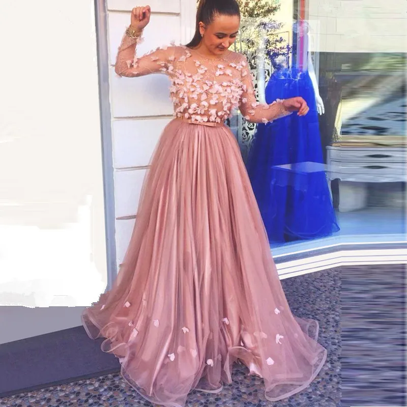 

Blush Pink Muslim Evening Dresses A-line Long Sleeves Tulle Flowers Dubai Saudi Arabic Long Evening Gown Prom Dress