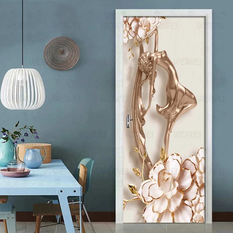 

Removable Door Stickers Embossed Rose Gold Flower Beauty Waterproof Living Room Bedroom Door Wallpaper Self Adhesive Wall Decals