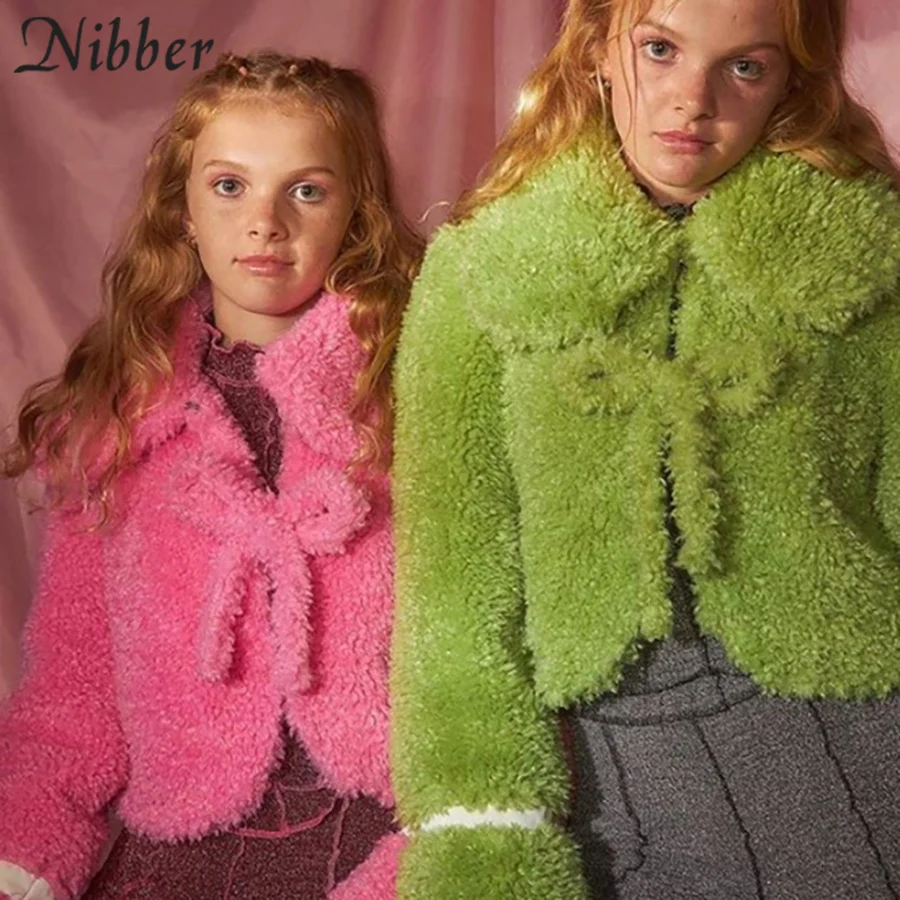 

Nibber Fashion Sweet Style Plush Lace-Up Bow-Knot Thick Coat Doll Collar Design Jacket For Fairy Women Going Out Clubwear New