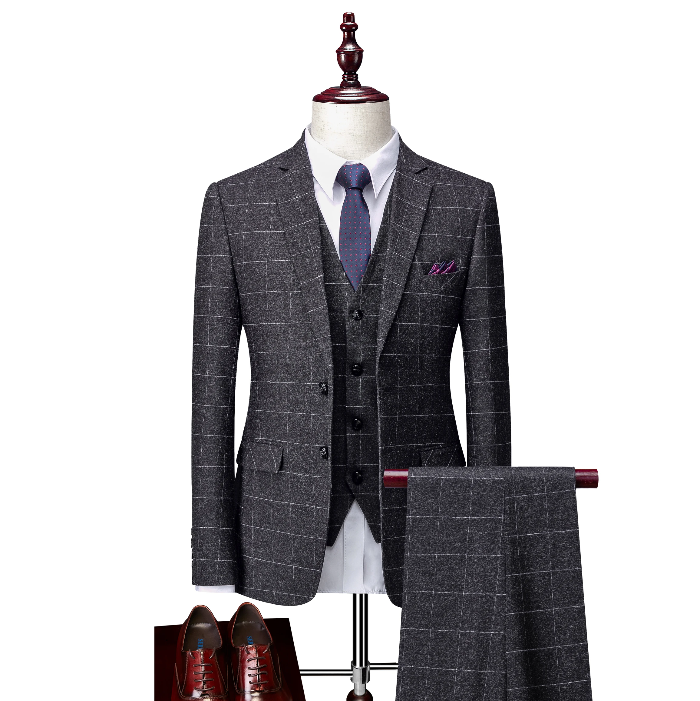 

(Jackets+Vest+Pants)2021 Male high-grade pure cotton business Blazers /Men's slim fit plaid casual three-piece suit Man clothing