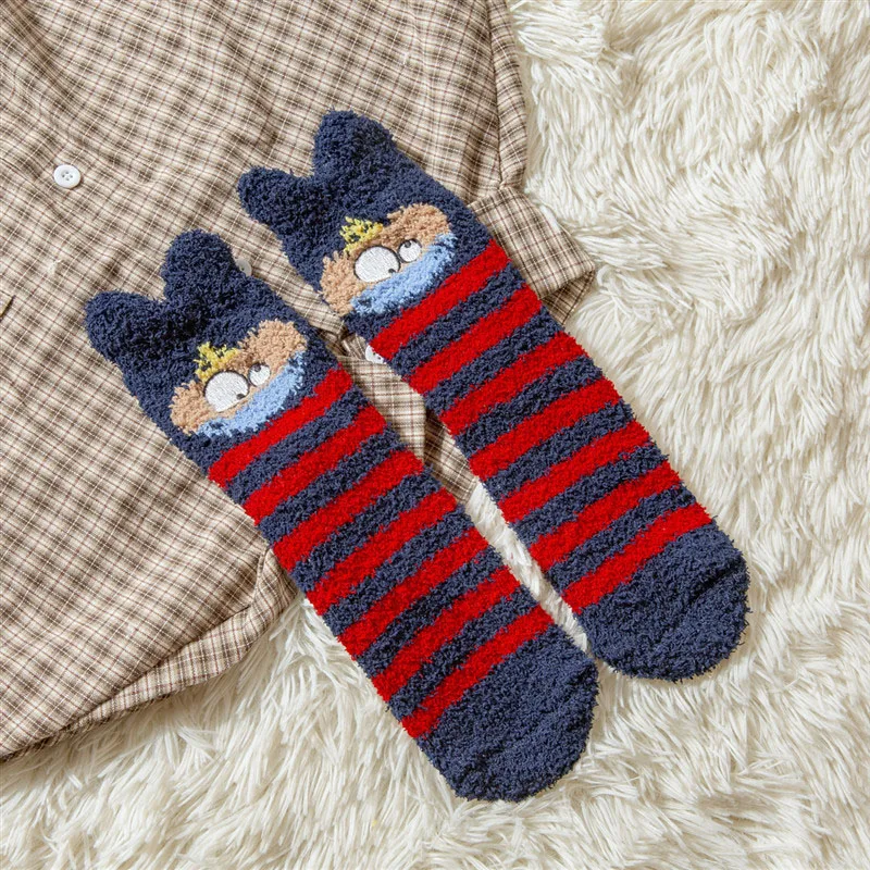 cartoon navy blue Зимние женские теплые носки коралловые бархатные носки для девочек повседневные пушистые домашние носки-Тапочки - Цвет: cartoon navy blue