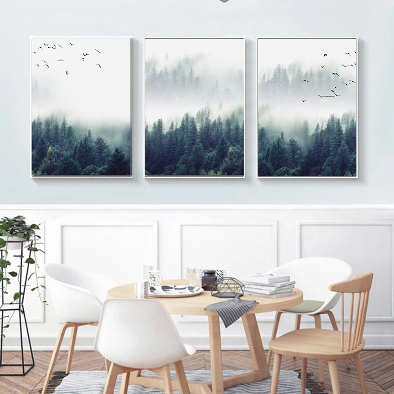 

Forest Landscape Decorative Posters for Living Room Modern Sofa Background Painting Prints Wall Art Fog Bird Triptych Hanging