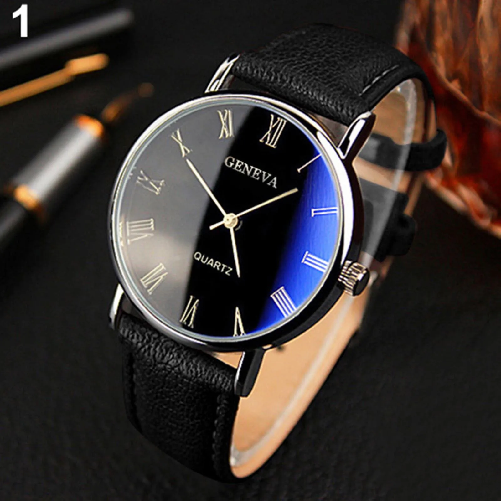 

Men Watch Roman Numerals Blu-Ray Faux Leather Band Quartz Analog Business Wrist Watch montre homme часы мужские наручные