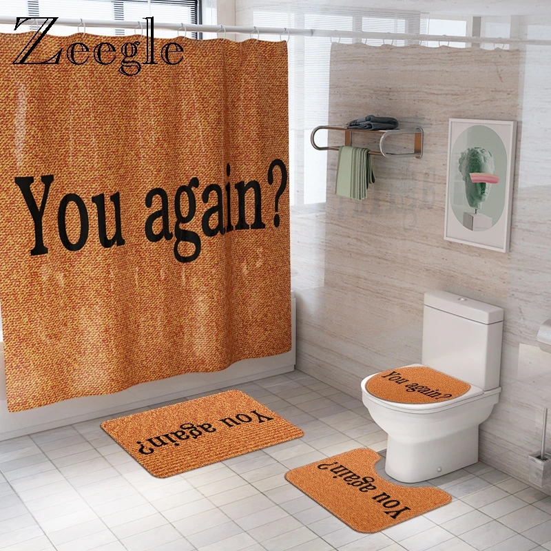 

Funny Printed Bathroom Carpet Bath Mat and Shower Curtain Set Bathroom Rug Waterproof Bathroom Bath Curtain Toilet Bath Rug