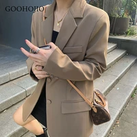 goohojio office ladies notched collar plaid women blazer double breasted autumn jacket 2021 casual pockets female suits coat