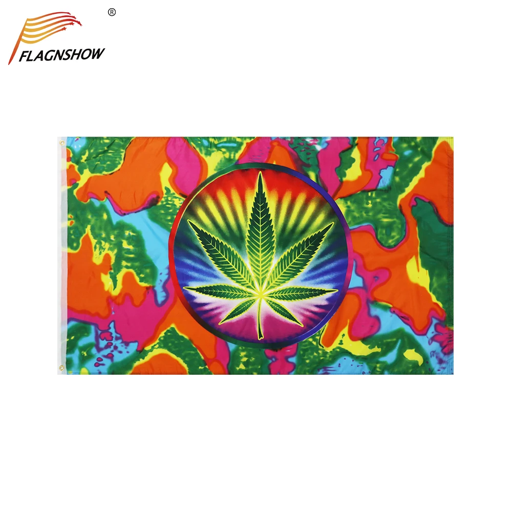 

3x5 Ft Tye Dye Rainbow Weed Leaf Peace Flag 68D Nylon