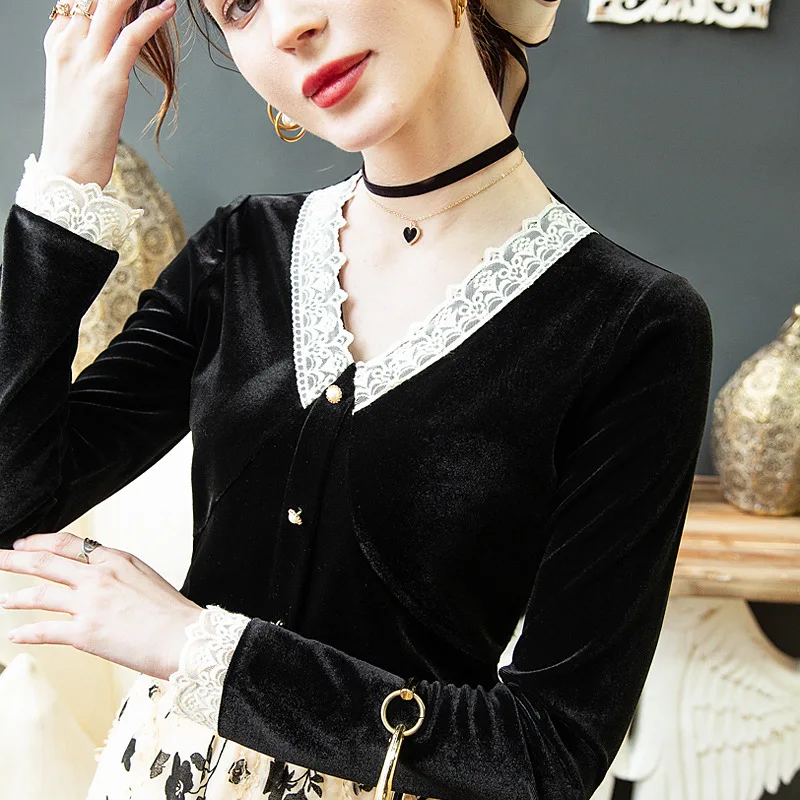 

Женская бархатная футболка с V-образным вырезом и длинными рукавами