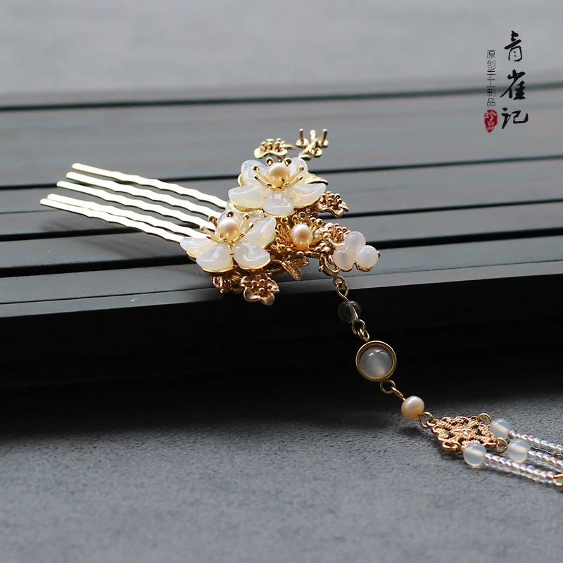 

Antique Style Comb Chinese Clothing Ancient Costume Accessories Petal Flower Headdress Belt Tassels Flower Man Xi