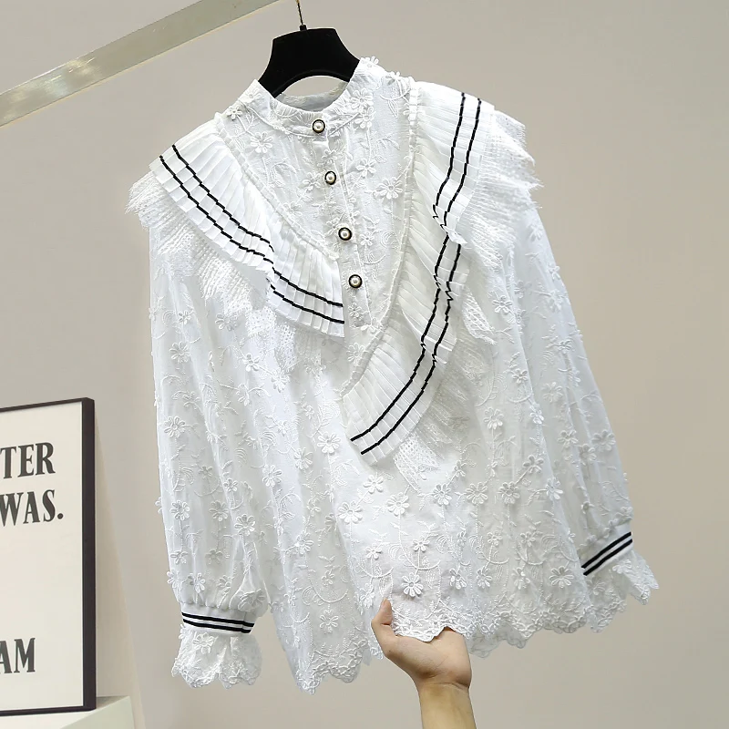 

Daisy Flower Embroidered Blouse Woman Long Sleeve Autumn New Clothes Ruffles Stitching Pullover Shirt Fashion Lady Loose Blusas
