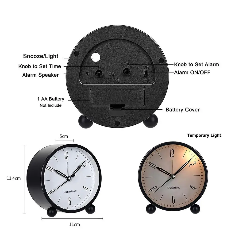 4inch Metal Round Alarm Clock Quiet Desktop Bedroom Battery Operated Timepiece | Дом и сад