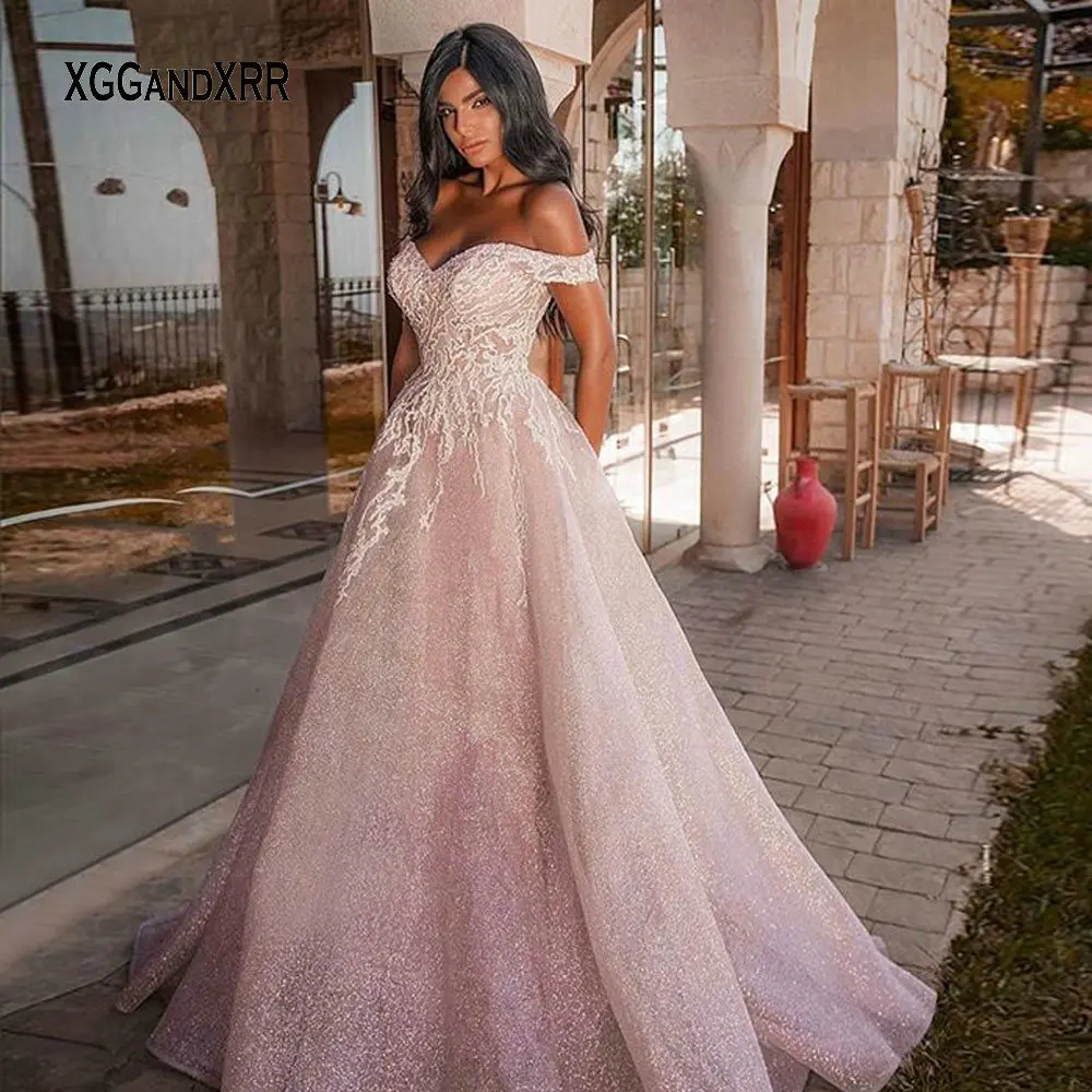 

Lovely Pink Prom Dress 2021 Sweetheart Off Shoulder Backless Long Evening Gown Lace Applique With Sparkling Fabric Lady Pageant