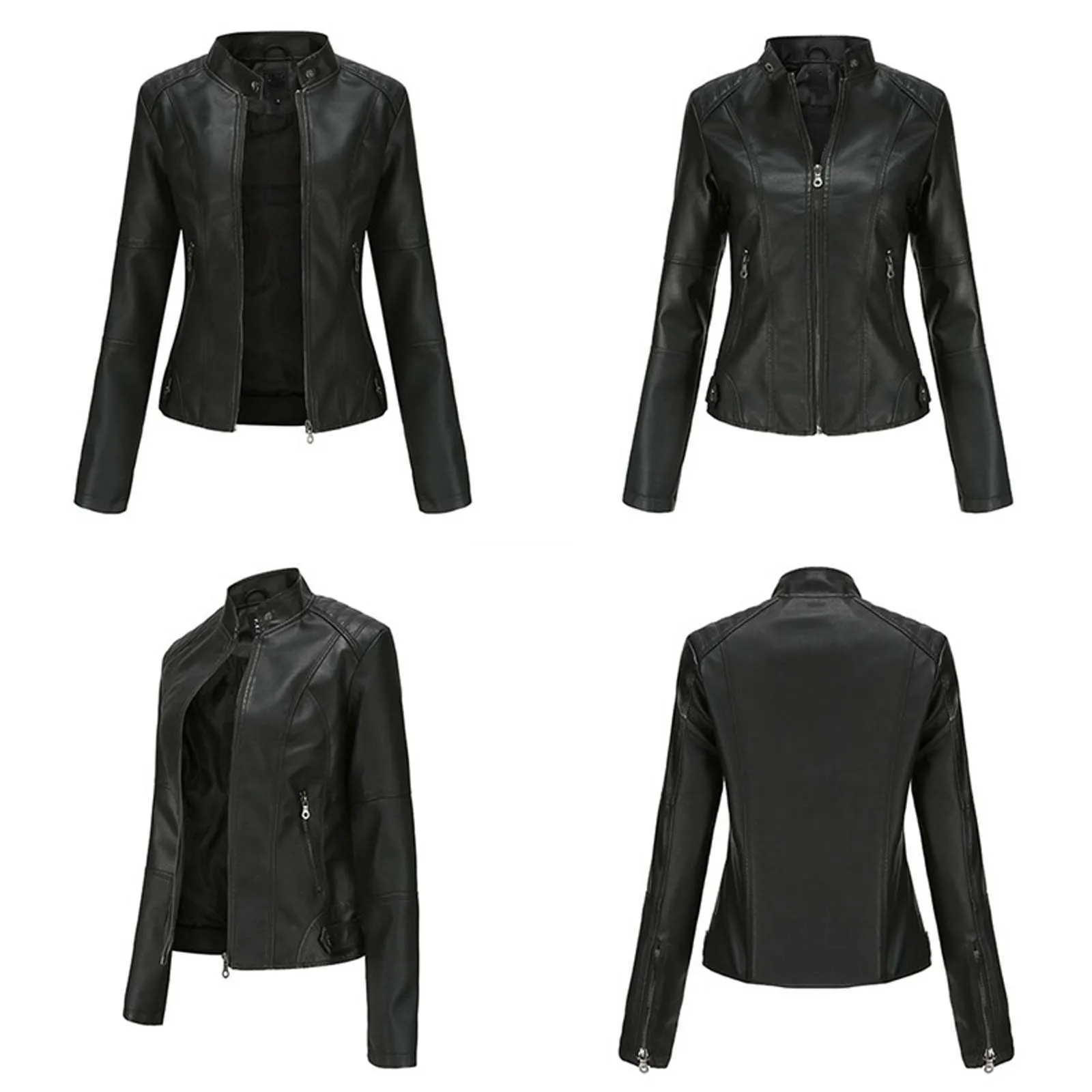 New Ladies Slim Faux Leather Jacket Stand-Up Collar Long Sleeve Overcoat Zipper Cardigan Short Coat 2021 enlarge