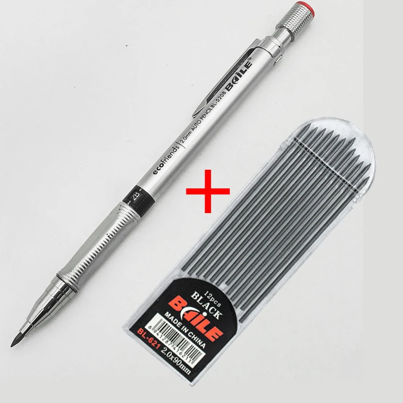 Silver pen SB 1 шт. механический карандаш, 2,0 мм свинцовый стержень, черный/синий/серебристый бочонок автоматический карандаш для экзамена Рисование школьные офисные принадлежности - Цвет: Silver pen SB