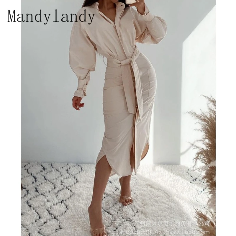 

Mandylandy Dress Autumn Fashion Solid Color High Waist Irregular Dress Women's Casual Lace Up Slim Fit Puff Sleeve Dress