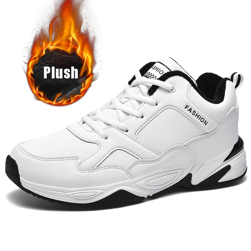 Size39-48, зимняя водонепроницаемая Спортивная обувь для мужчин, черная/белая спортивная обувь, легкие мужские кроссовки, спортивная обувь - Цвет: Plush White