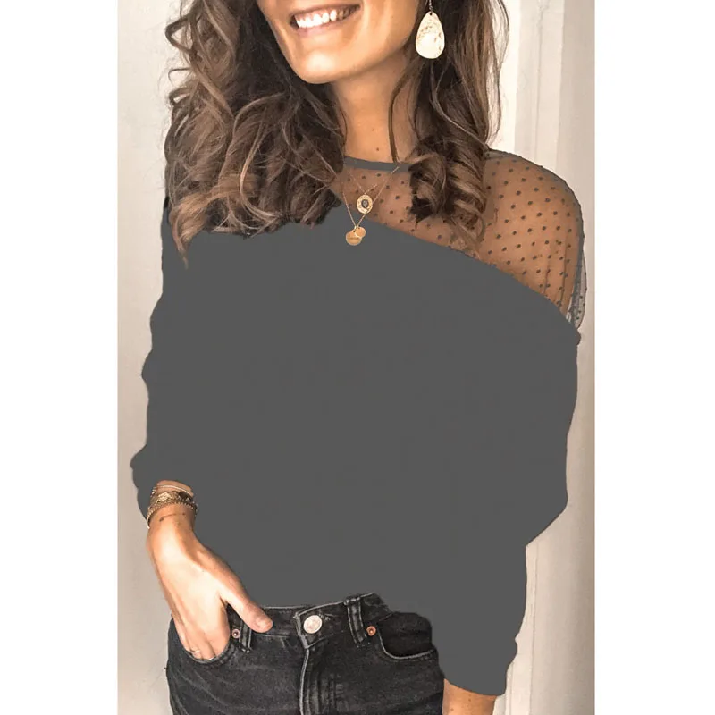 

Polka Dot See Though Shoulder Sexy Blouse Women Long Sleeve Autumn Tops MX0009