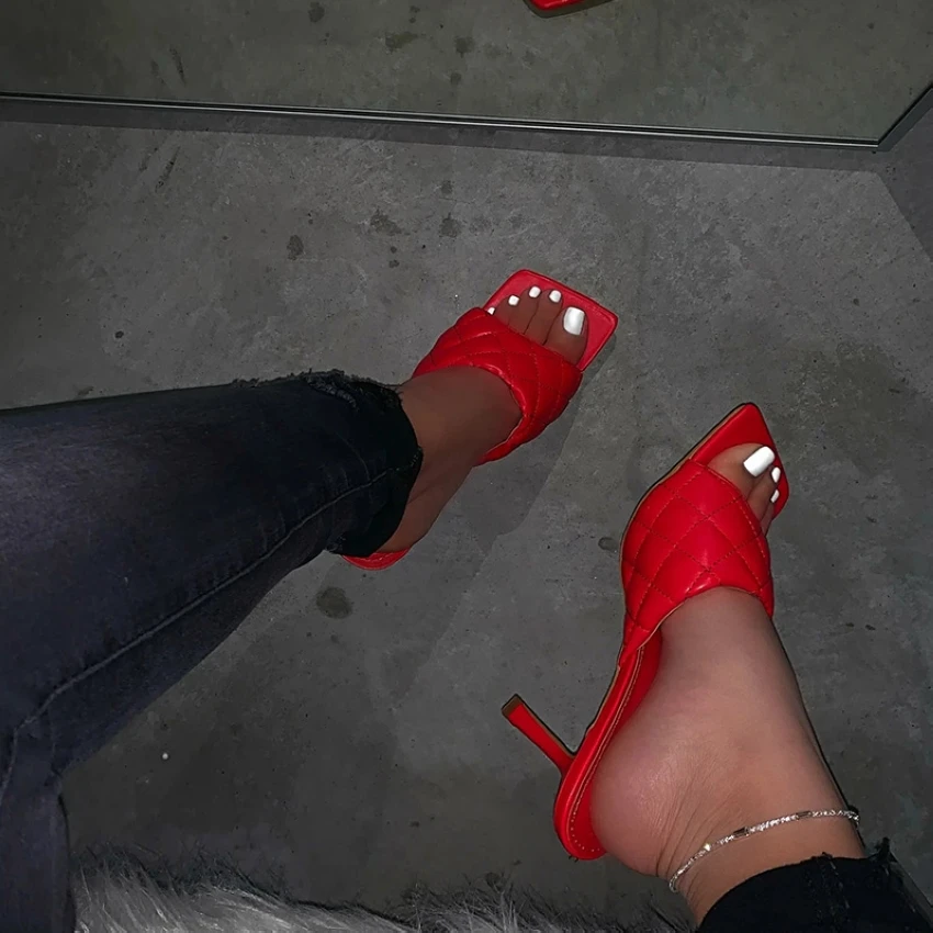 

Shoes for Women 2021 Slippers Elegant Square Toe Thin High Heels Slippers Summer Outdoor Beach Shoes Big Size Zapatos Mujer