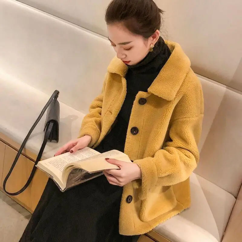 

Женская куртка с натуральным мехом ягненка, теплая однобортная куртка с зернистой овчиной, модель L17 на зиму, 2020