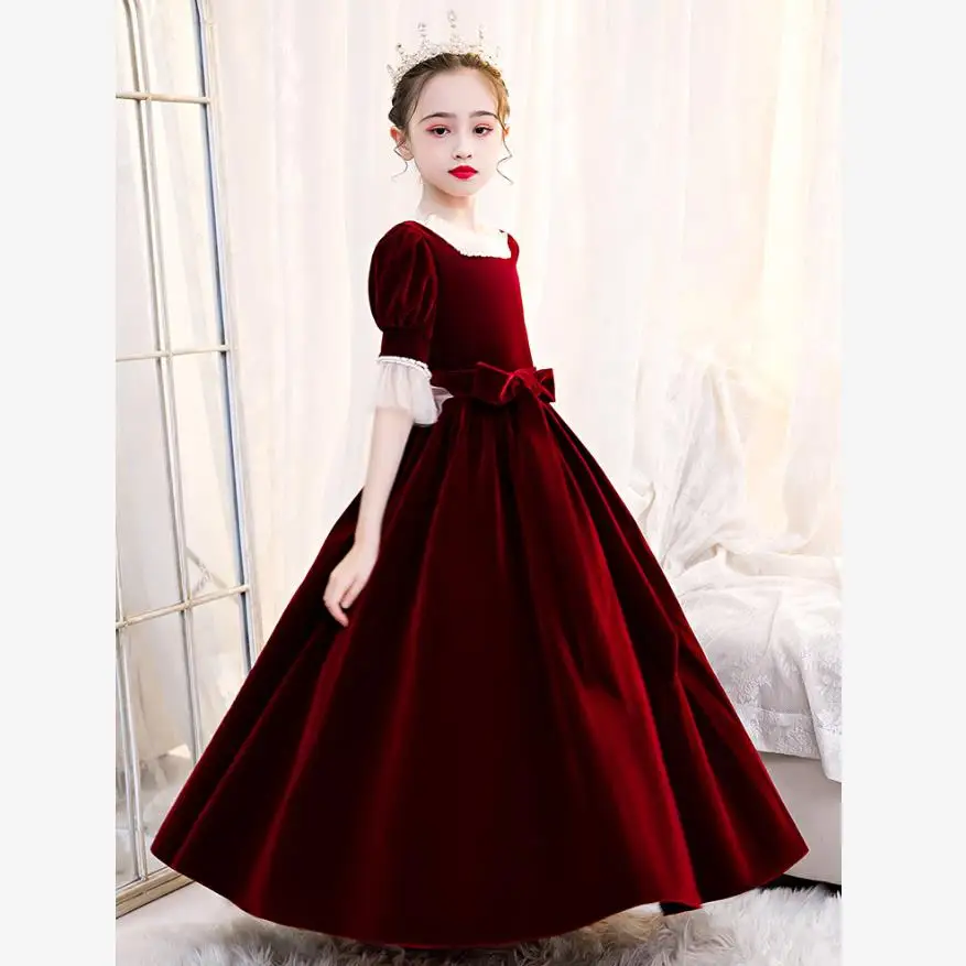 

Платья для девочек, вельветовые, с круглым вырезом и коротким рукавом, винно-красного цвета, L702