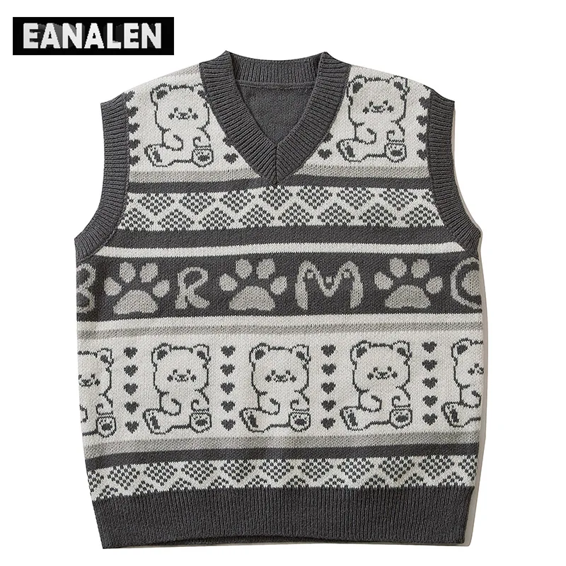 

Harajuku vintage cute love bear sleeveless sweater men oversized pullover sweater vest ladies jumper grandpa ugly sweater grunge