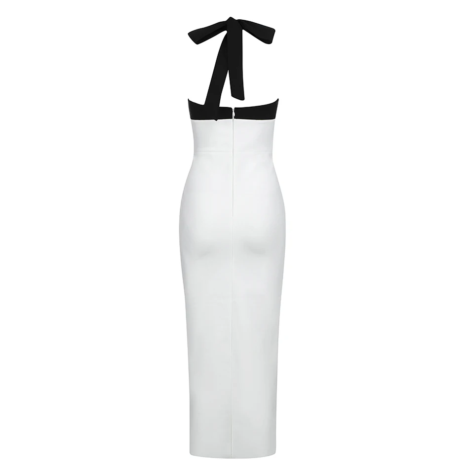 

2021 Summer New Women'S Sexy Black And White Patchwork Halter Split Bandage Dress Bodycon Celebrity Club Party Dress Vestidos