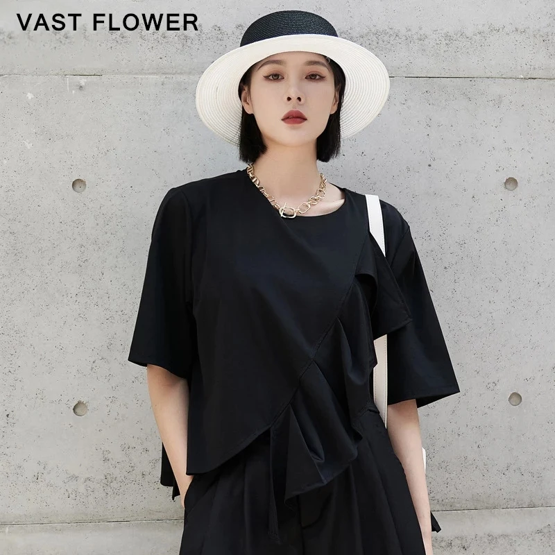 

Women Black Irregular Ruffles T-Shirt New O-Neck Short Sleeve Loose Casual T Shirt Tops Fashion Clothes Summer 2021