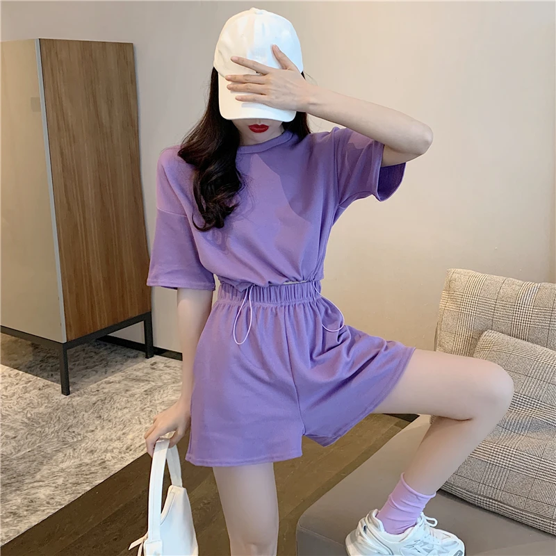 

Tracksuit Solid Color Shorts Two Piece Set Female Casual Simplicity O-neck Sweatshirts Tops For Women Cycling Sport Short Suit