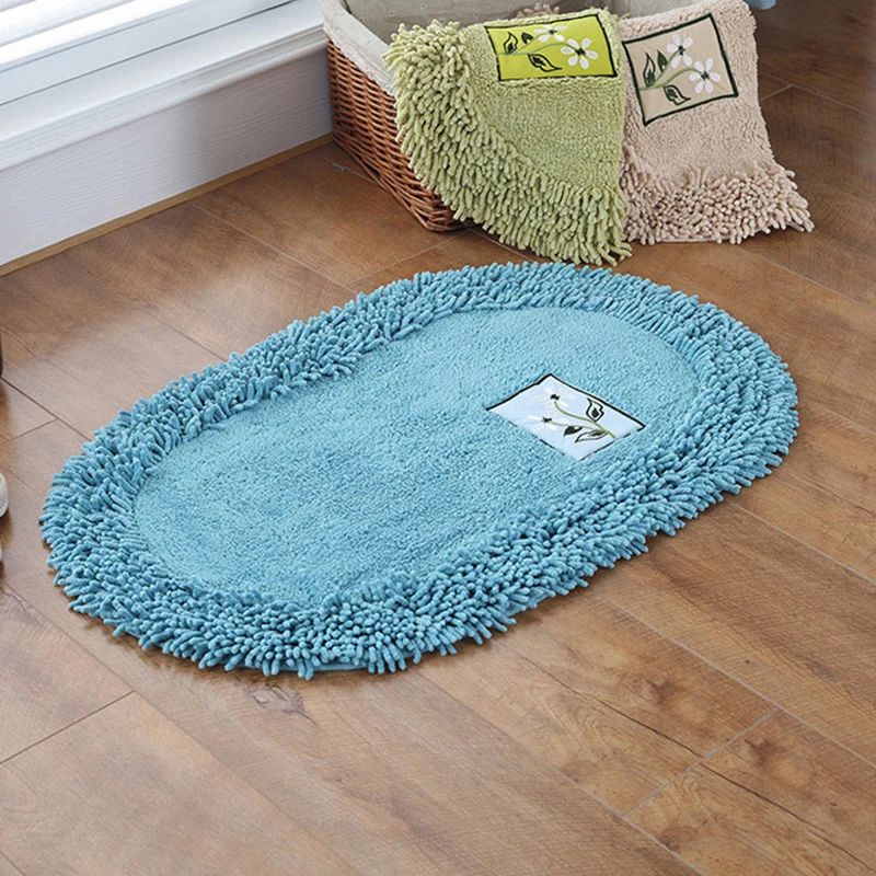 

Chenille Embroidered Floor Mat Solid Color Super Absorbent Bath Anti Slip Carpet Oval Rectangle Floor Rugs Breathable Doormat
