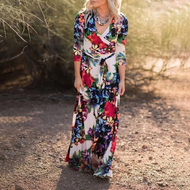 

Mandylandy Women Sexy Floral Print Long Dress Ladies Elegant Long Sleeve V Neck Slim Fit Boho Summer Dress