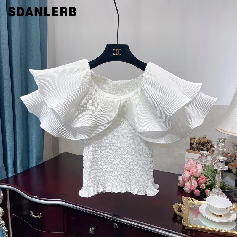 

Ruffled Off-Shoulder Chiffon Blouses for Women Western Style Slim Waist Corset Shirt 2021 Summer Ladies Tops Short Sleeve Blusas