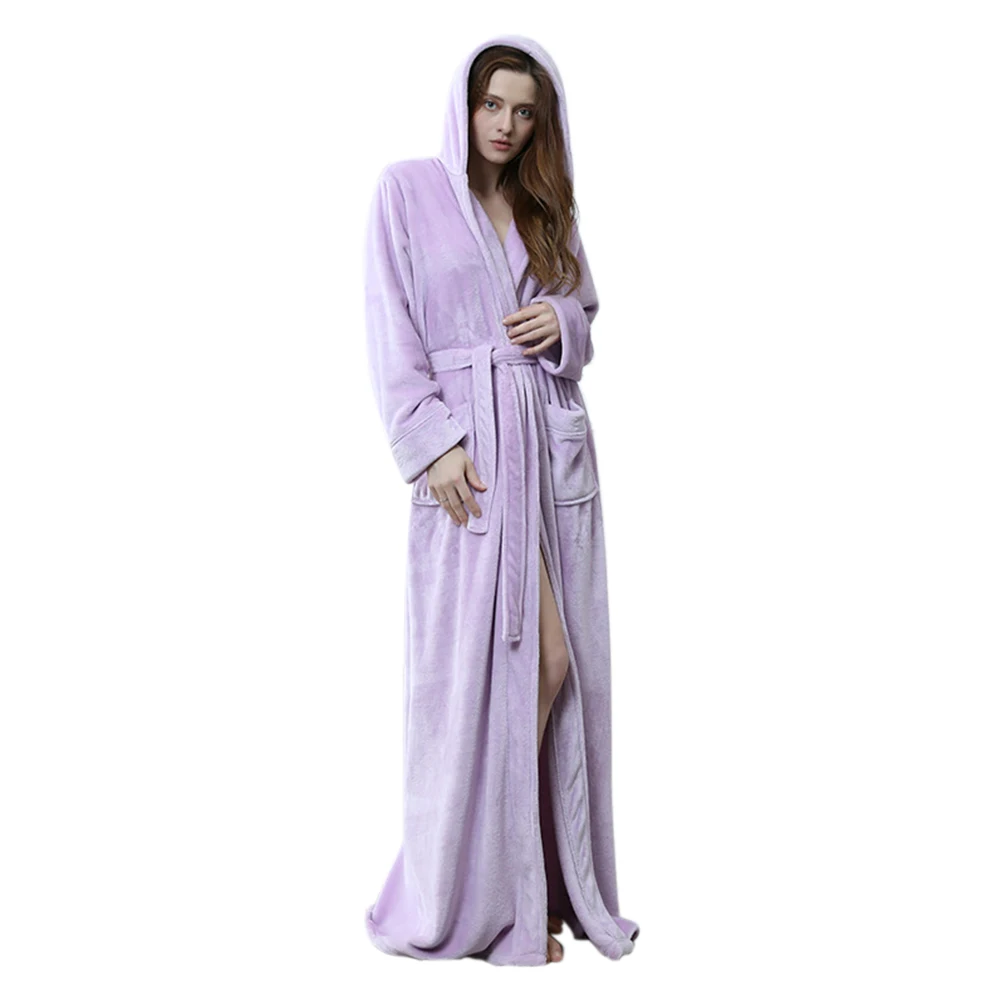 

Women Men Couple Fashion Ankle Length Long Sleeve Solid Winter Warm Hooded Bathrobe Thickened Cozy Flannel Soft Sleepwear Casual