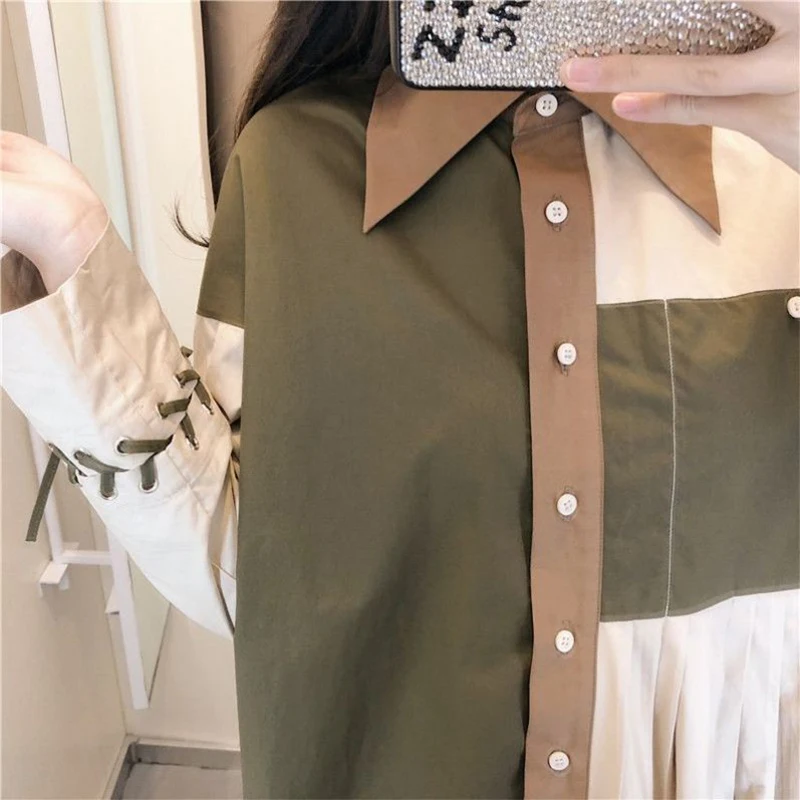 

Women's 2021 spring fashion Harajuku splicing color matching long sleeve shirt women's design sense fashionable shirt women's Ne