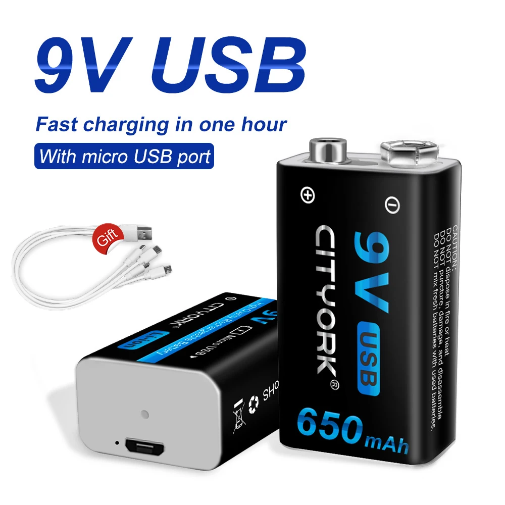 Micro USB 9 В литиевая аккумуляторная батарея 650 мАч литий-ионные батареи 6F22 для