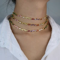 baguette rainbow cz station chain choker necklace adjusted size gold colorful summer jewelry