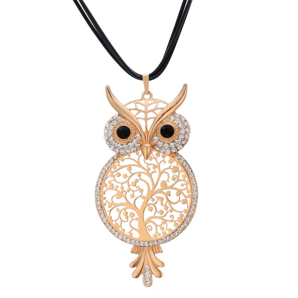 Big Owl Long Necklace Women Crystal Bijoux Tree Of Life Gold Color Leather Chain Necklaces Pendants Fashion Jewelry |
