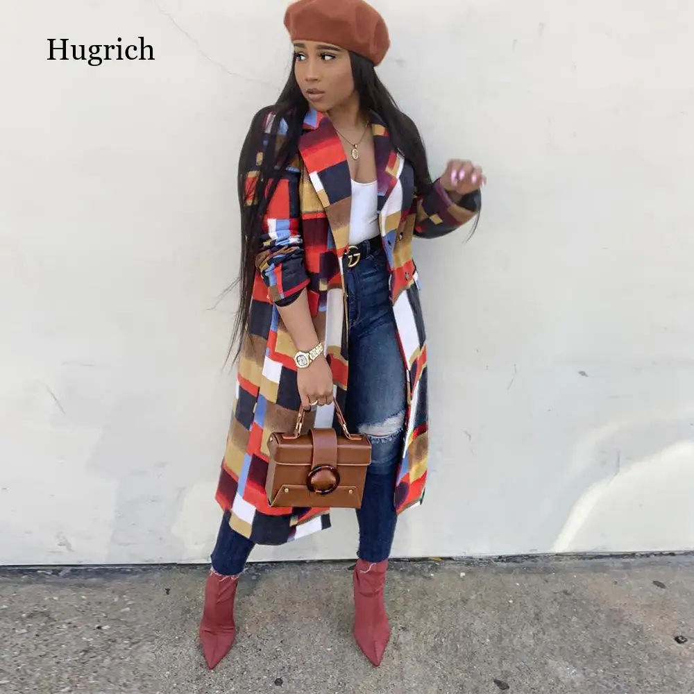 

Spring Slim Casual Long Outwears Turn-Down Collar Women Full Sleeve Open Stitch Plaid Coats