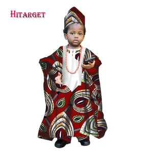 Африканский осенний Семейный детский Дашики, традиционный хлопковый комплект из топа с длинным рукавом и брюк с шляпой и африканским принтом, комплект одежды для мальчиков WYT137
