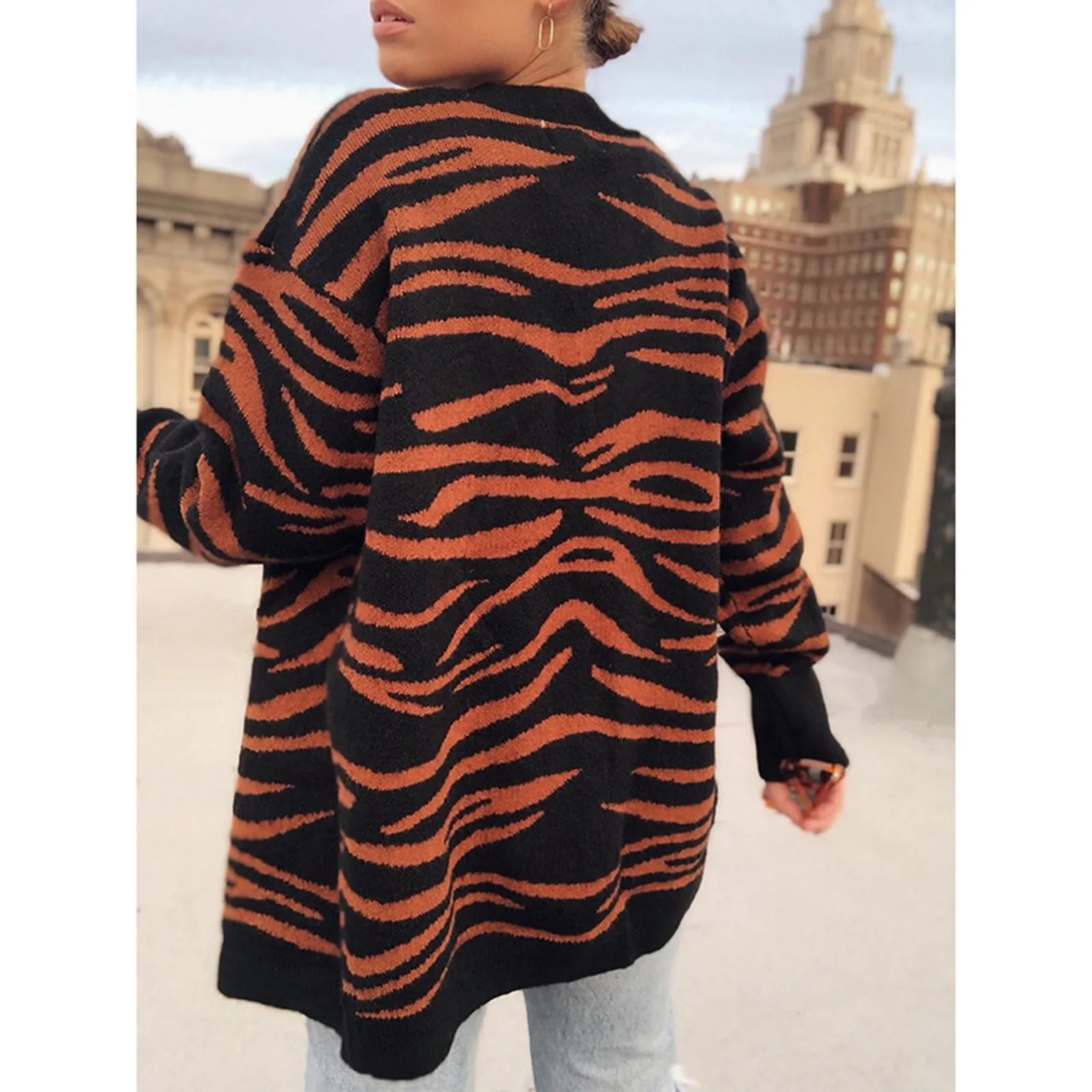 Женский Осенний вязаный кардиган свободные свитера с длинным рукавом и принтом