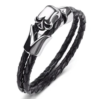 classic double leather braided bracelet men stainless steel skull male punk wristbands hand bangles charm fashion jewelry p517