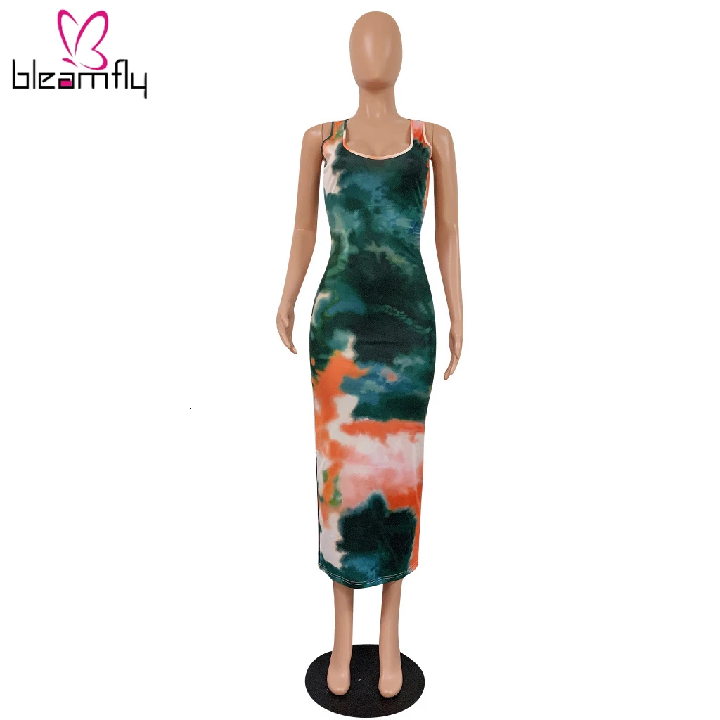 2019 летнее женское платье с вырезом на спине принтом Tie Dye облегающее макси женские