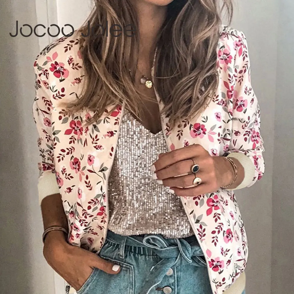 Jocoo Jolee Autumn Floral Printed Jackets Women Elegant Zipper Bomber Jacket Casual Office Wear Slim Office Coat Retro Outwear
