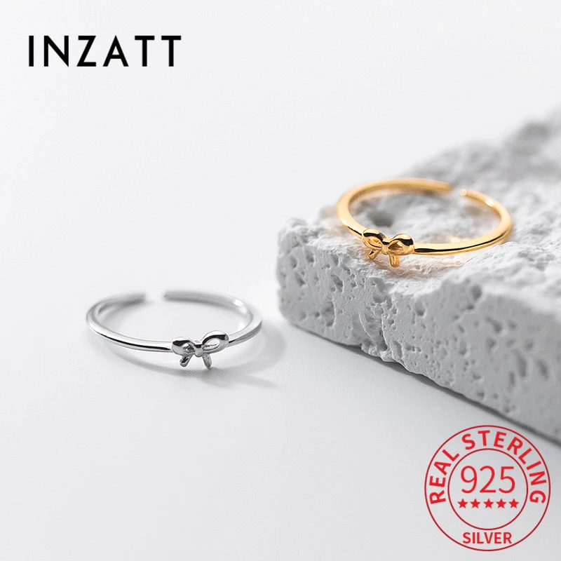 

INZATT Real 925 Sterling Silver Geometric Bowknot Adjustable 18K Ring For Charm Women Minimalist Fine Jewelry Cute Accessories