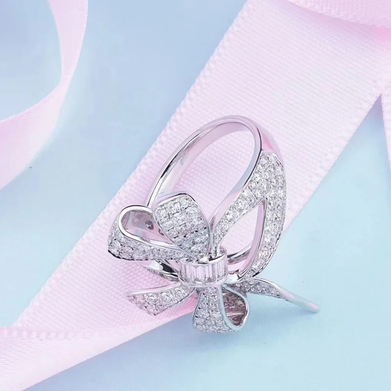

Anillos De Wedding Bizuteria Bowknot Shape Diamond Ring for Women Solid 14K White Gold Jewelry Pave Setting Gemstone Ring Box