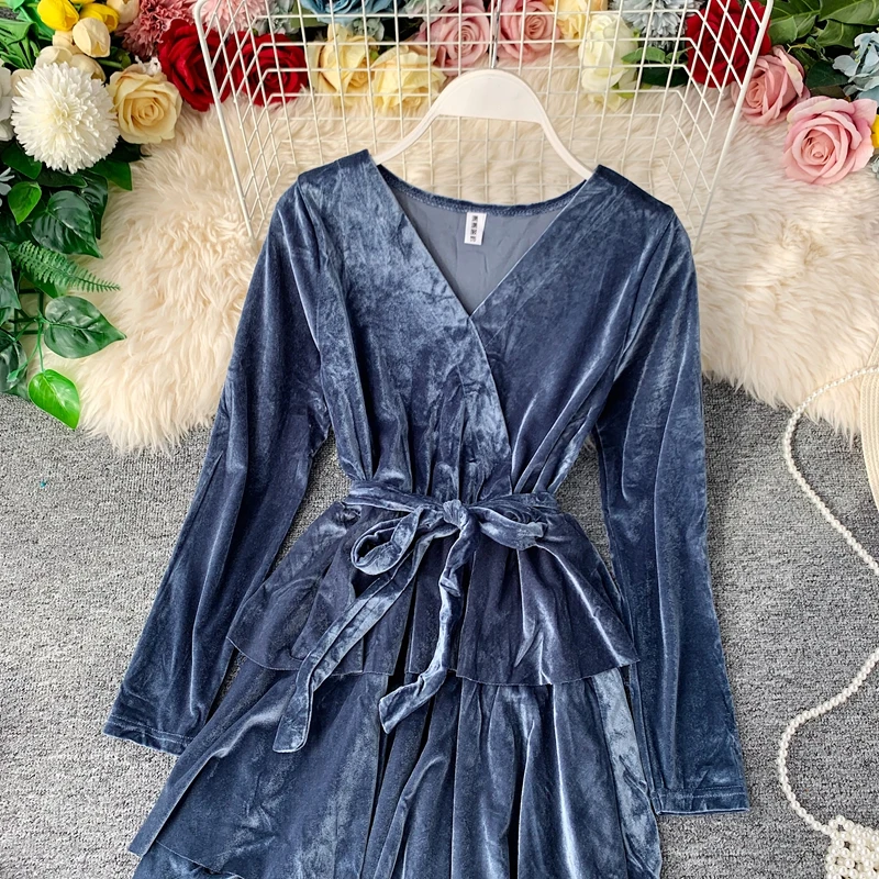 SINGRAIN Winter Women Long Velour Dress Autumn Midi Cake Elegant Party Club Warm Dresses Solid Vintage Tiered Velvet | Женская одежда